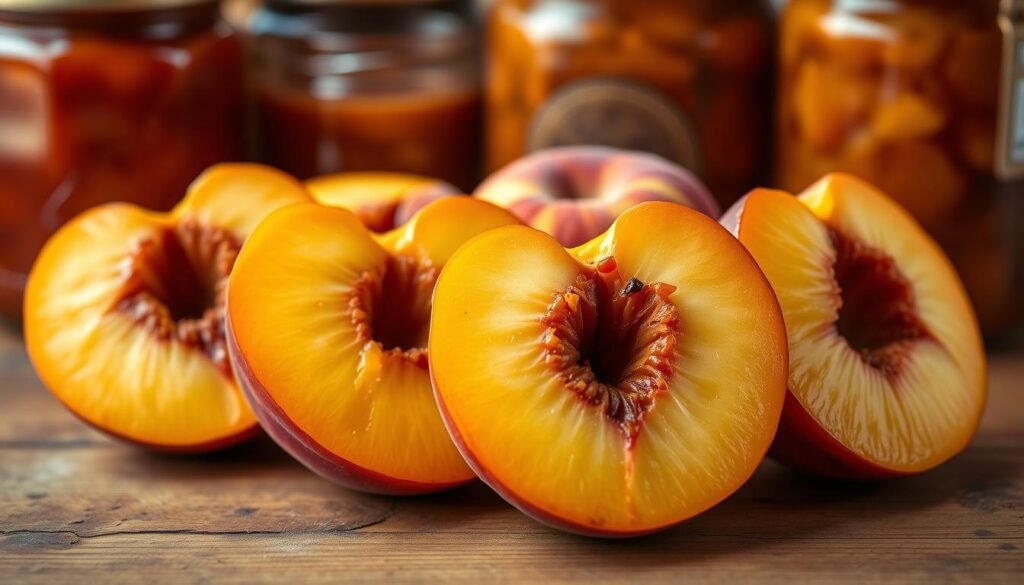 a close-up shot of several fresh, ripe peach halves arranged on a wooden table, with jars of homemade peach preserves, jam, and chutney in the background. The peaches have a glossy, golden-orange hue and are positioned to showcase their lush, juicy texture. Warm, diffused lighting casts a soft glow over the scene, highlighting the natural beauty of the fruit and the artisanal preserves. The overall mood is one of rustic elegance, inviting the viewer to imagine the delicious, comforting flavors of these homemade peach recipes.