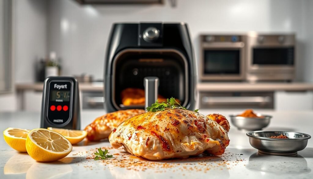 a professional photography of a well-lit, high-contrast kitchen counter top showcasing various air fryer chicken preparation techniques, with a crisp, evenly-cooked chicken breast in the foreground, garnished with fresh herbs, alongside a sliced lemon, a digital meat thermometer, and a small bowl of spices. In the middle ground, an open air fryer reveals the interior cooking mechanism, while the background features a clean, minimalist kitchen environment with stainless steel appliances. The lighting is directional and dramatic, casting subtle shadows to emphasize the textures and details of the scene. The overall mood is one of culinary expertise and scientific precision, reflecting the "Complete Science of Air Fryer Chicken Mastery".